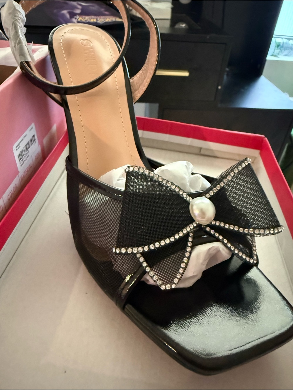 Forever 21 Black Mesh Bow Heels with Pearl & Rhinestones